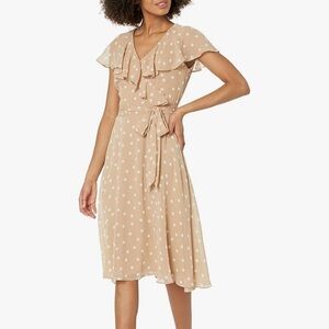 Tommy Hilfiger Women's Dot Capelet Surplice Midi Dress Beige Polka Dot Sz 8